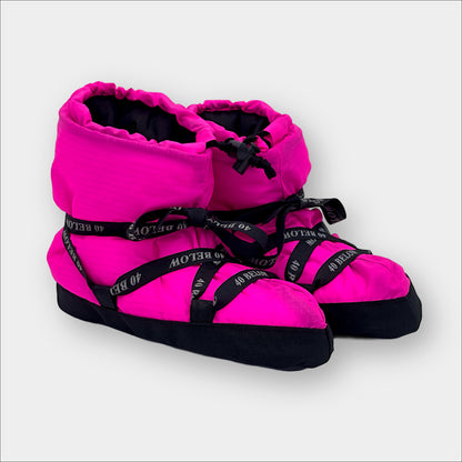 Forty Below Insulated Camp Bootie Side Thumbnail neon pink with black ribbon lacing on a grey background