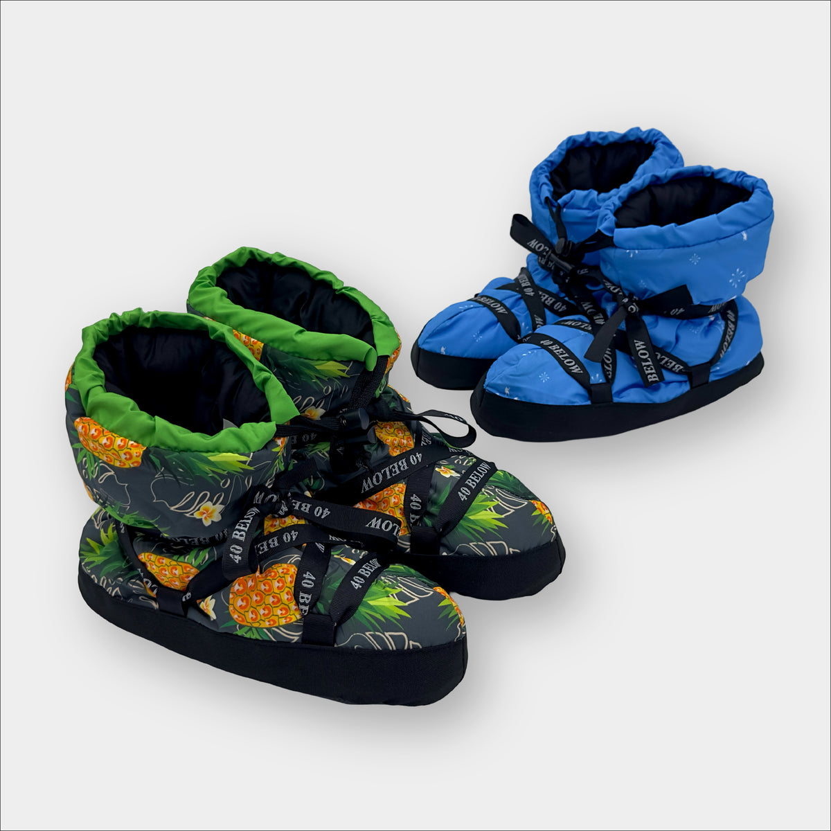 forty below insulated camp bootie pineapple and snowflake patterned thumbnail next to eachother