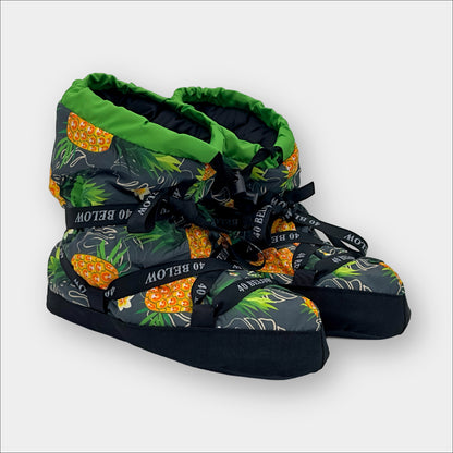 forty below insulated camp bootie pineapple green pattern with black lacing on a white background