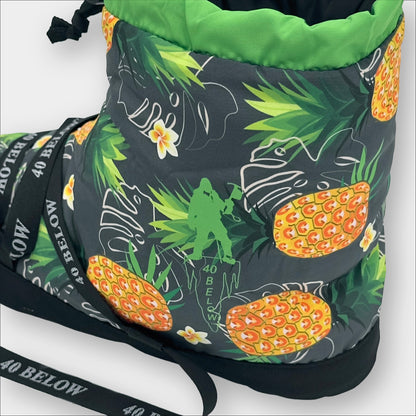 forty below insulated camp bootie pineapple green pattern rear side view showing pattern graphic with black lacing on a grey background