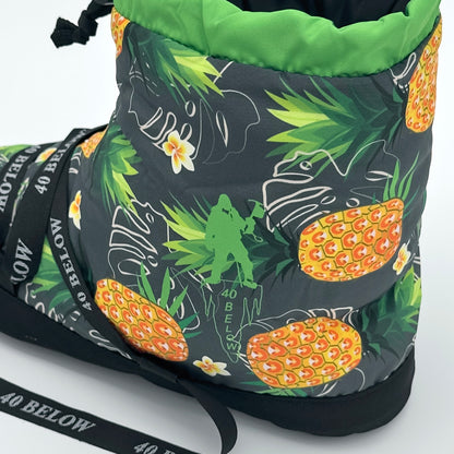 forty below insulated camp bootie pineapple green pattern rear side view showing pattern graphic with black lacing on a white background