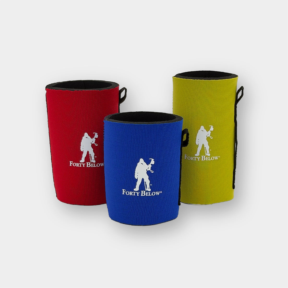 Forty Below Can Covers 12 oz blue, 12 oz tall yellow, and 16 oz red next to eachother with white forty below logos on a white background