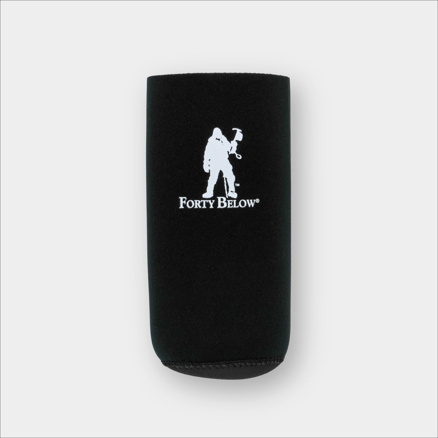 Forty Below Insulated Fuel Bottle Cover 16 oz size black with white logo on gray background 
