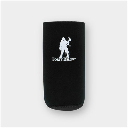 Forty Below Insulated Fuel Bottle Cover 16 oz size black with white logo on gray background 