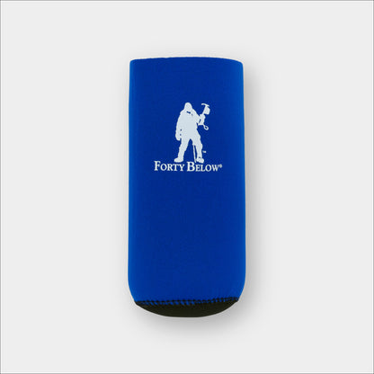 Forty Below Insulated Fuel Bottle Cover 16 oz size blue with white logo on gray background 