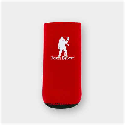 Forty Below Insulated Fuel Bottle Cover 16 oz size red with white logo on gray background 