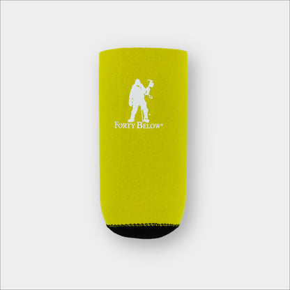 Forty Below Insulated Fuel Bottle Cover 16 oz size yellow with white logo on gray background 