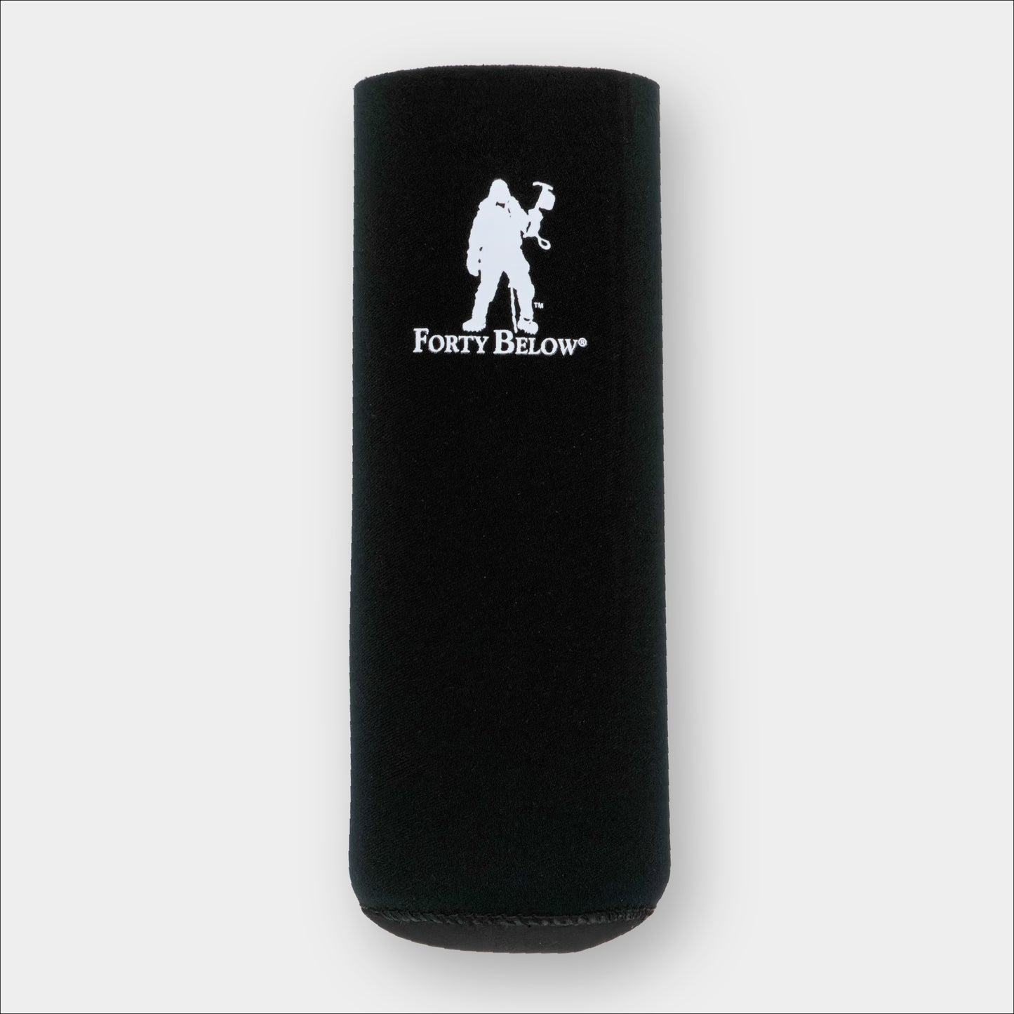 Forty Below Insulated Fuel Bottle Cover 32 oz size black with white logo on gray background 