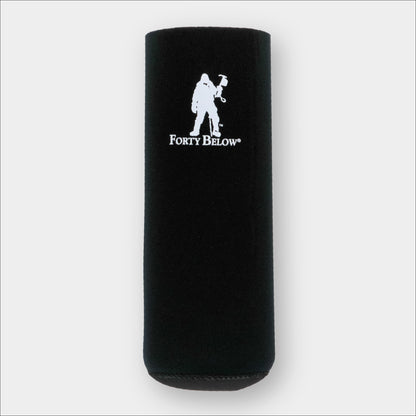 Forty Below Insulated Fuel Bottle Cover 32 oz size black with white logo on gray background 