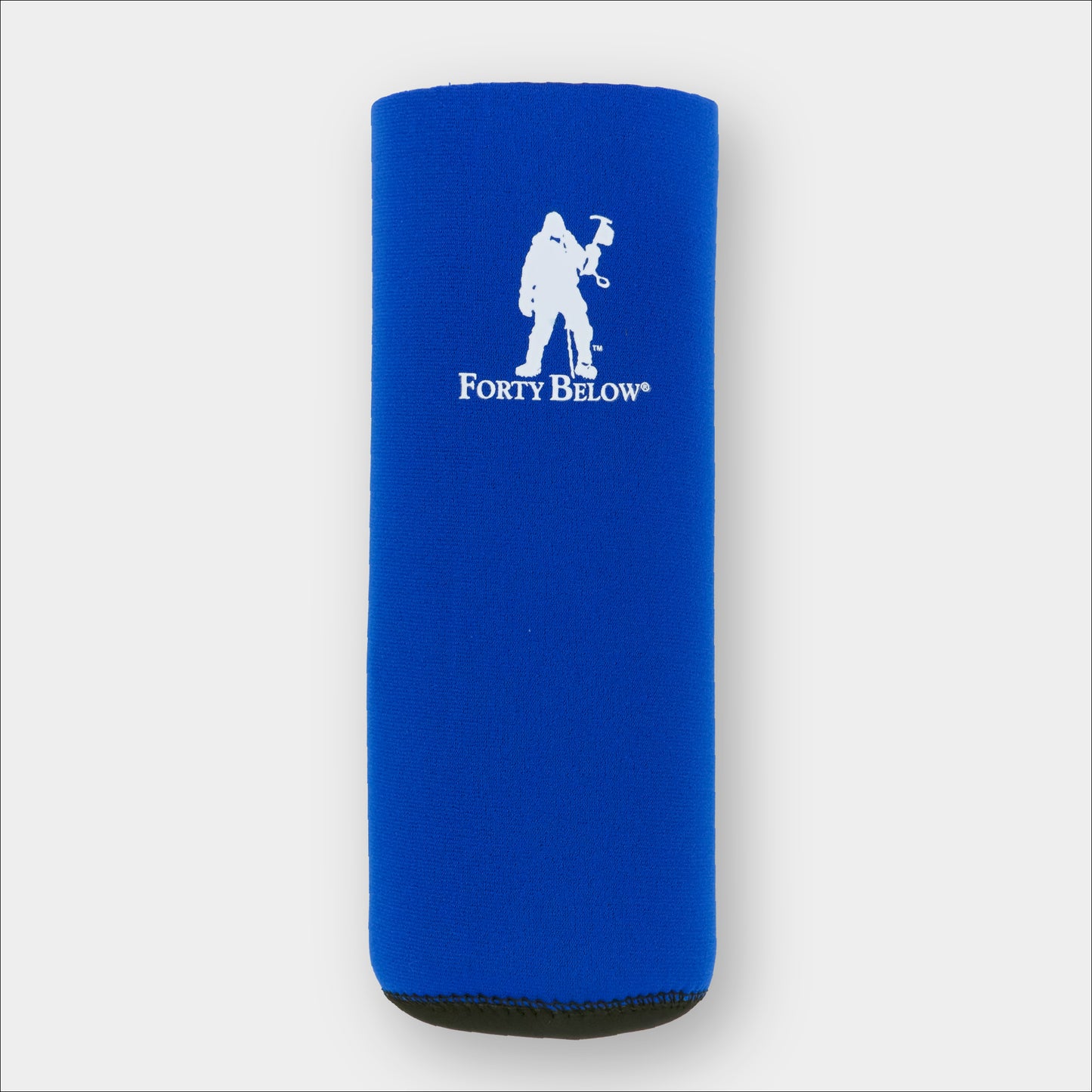 Forty Below Insulated Fuel Bottle Cover 32 oz size blue with white logo on gray background 