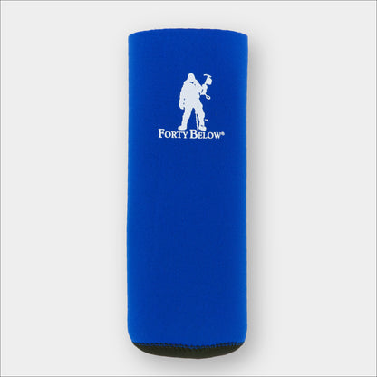 Forty Below Insulated Fuel Bottle Cover 32 oz size blue with white logo on gray background 