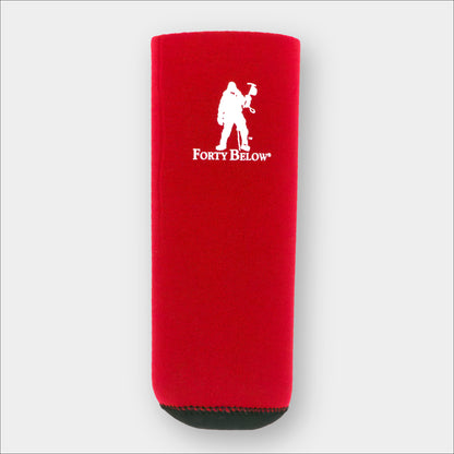 Forty Below Insulated Fuel Bottle Cover 32 oz size red with white logo on gray background 