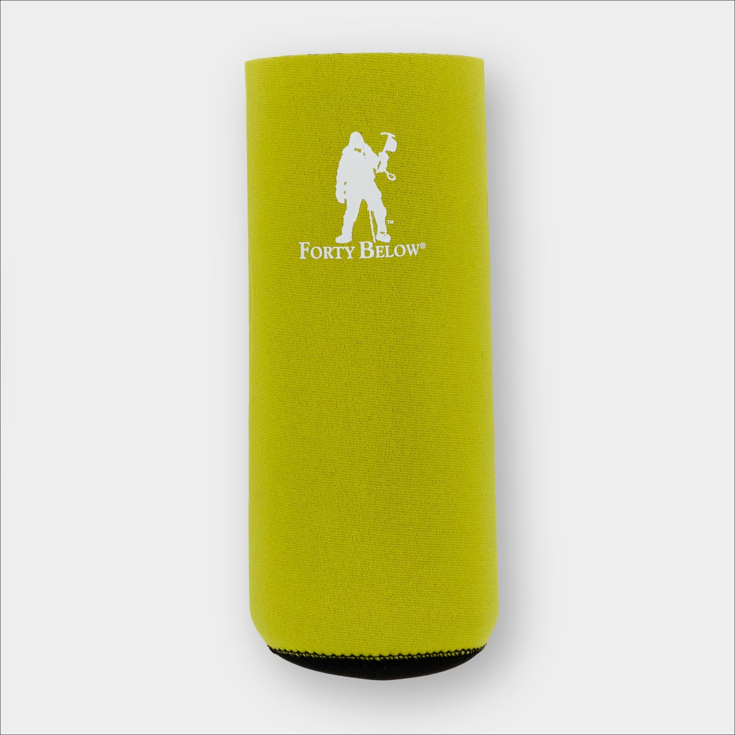 Forty Below Insulated Fuel Bottle Cover 32 oz size yellow with white logo on gray background 