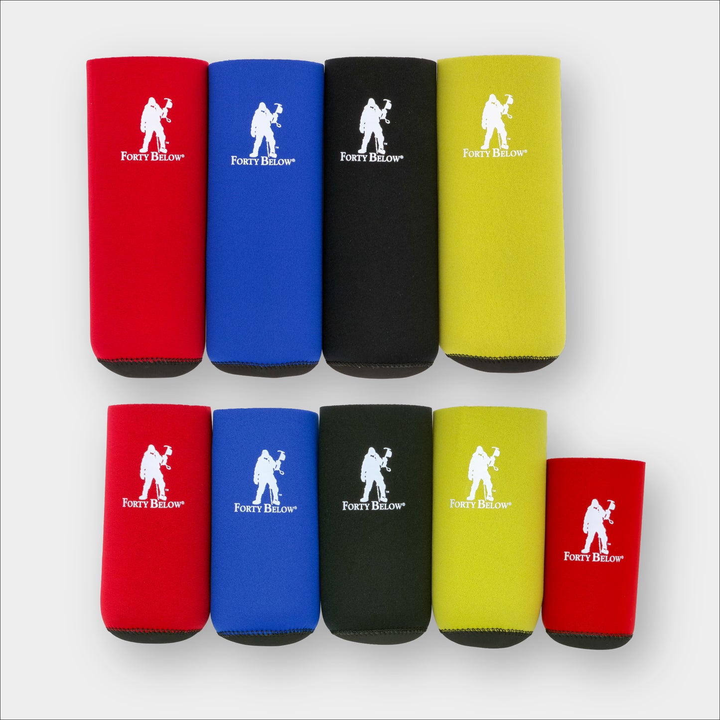 Forty Below Insulated Fuel Bottle Covers 32 oz, 16 oz, and 11 oz size in assorted colors next to eachother on a gray background.