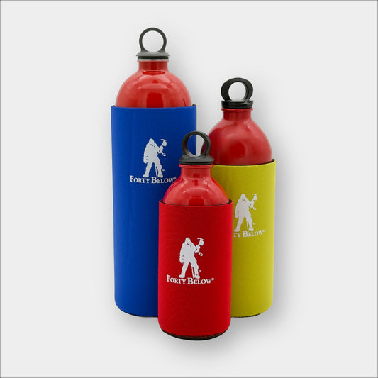 Forty Below Fuel Bottle Covers 32 oz, 16 oz, and 11 oz in blue, yellow, and red with red fuel bottles inside on a gray background