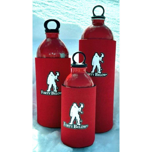 Forty Below Insulated Fuel and Can covers red three sizes white logo snowy background