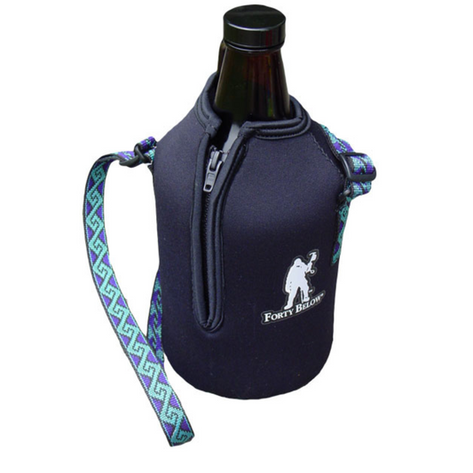 Black growler with a black Forty Below Growler Boot Deluxe white logo blue carry strap