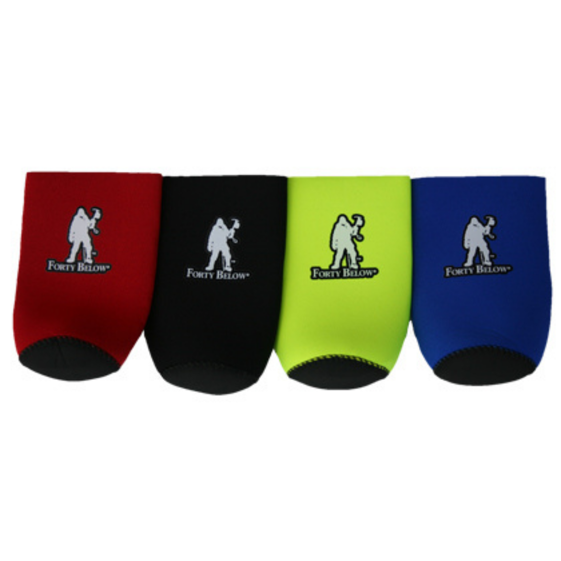 Forty Below Insulated Fuel and Can covers red, black, yellow, blue with white logo white background