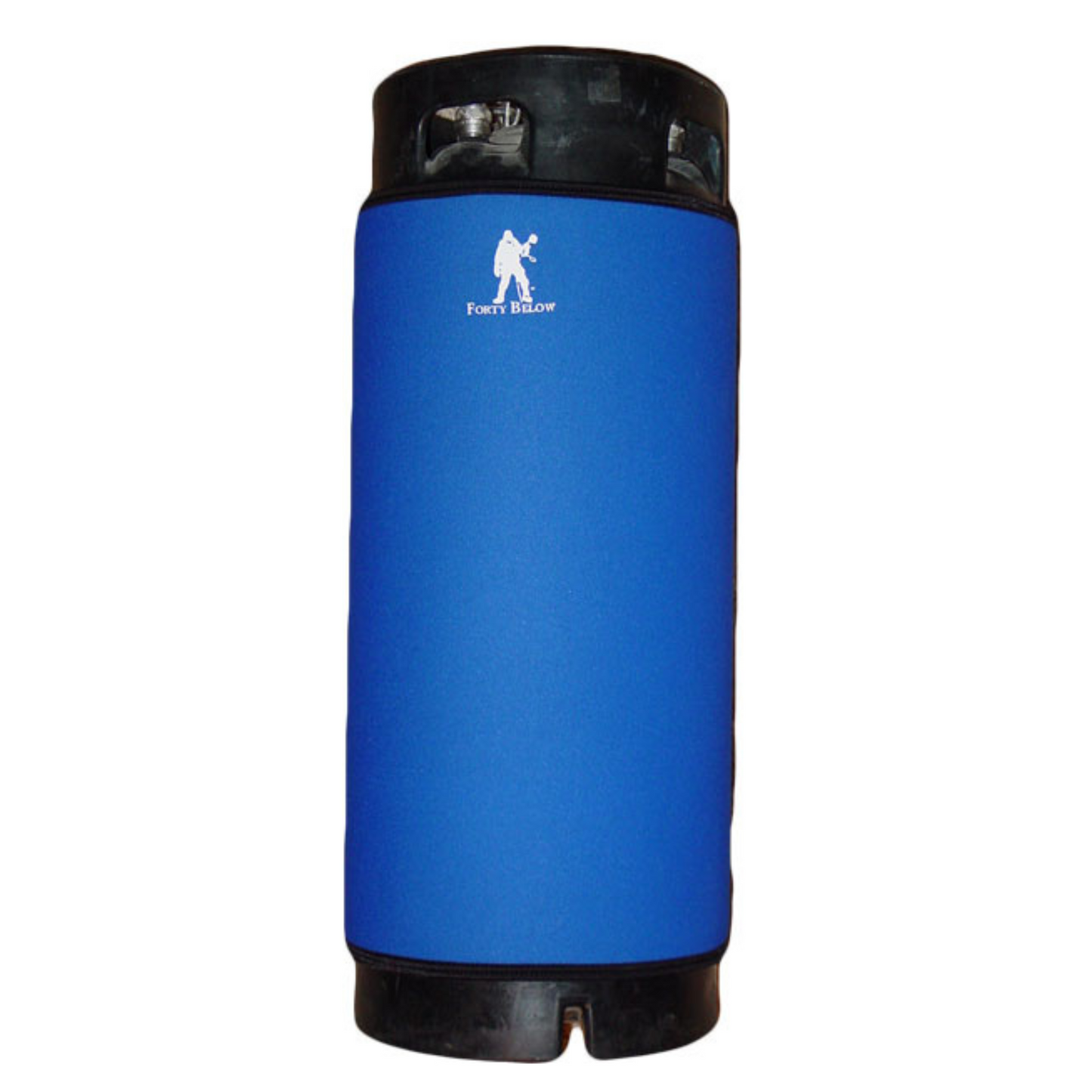 Forty Below Insulated Keg Parka 5 gallon blue with white logo on a 5 gallon keg white background