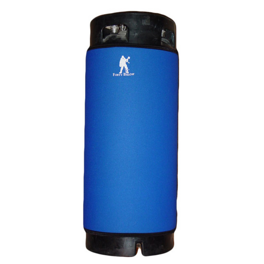 Forty Below Insulated Keg Parka 5 gallon blue with white logo on a 5 gallon keg white background