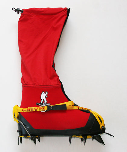 Forty Below K2 Overboot red side profile showing crampon attached strap toe flip lever heel style