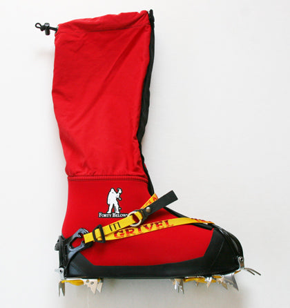 Forty Below K2 Overboot red side profile showing crampon attached strap on binding style