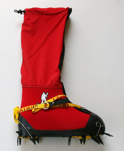 Forty Below K2 Overboot red side profile showing crampon attached wire toe flip lever heel design