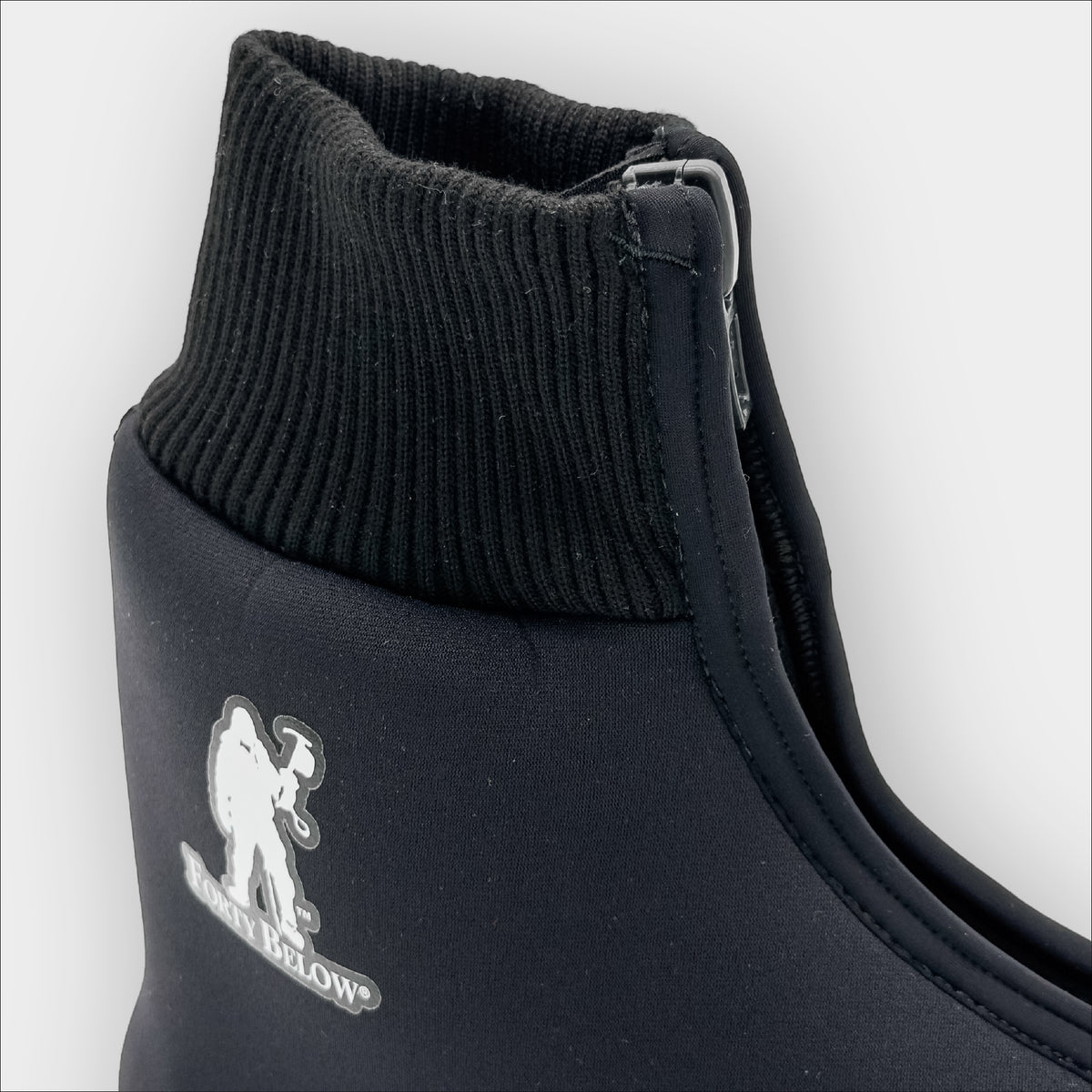 Insulated Forty Below Light Energy Shorty Black Side profile close up showing knit collar with a white logo on a gray background