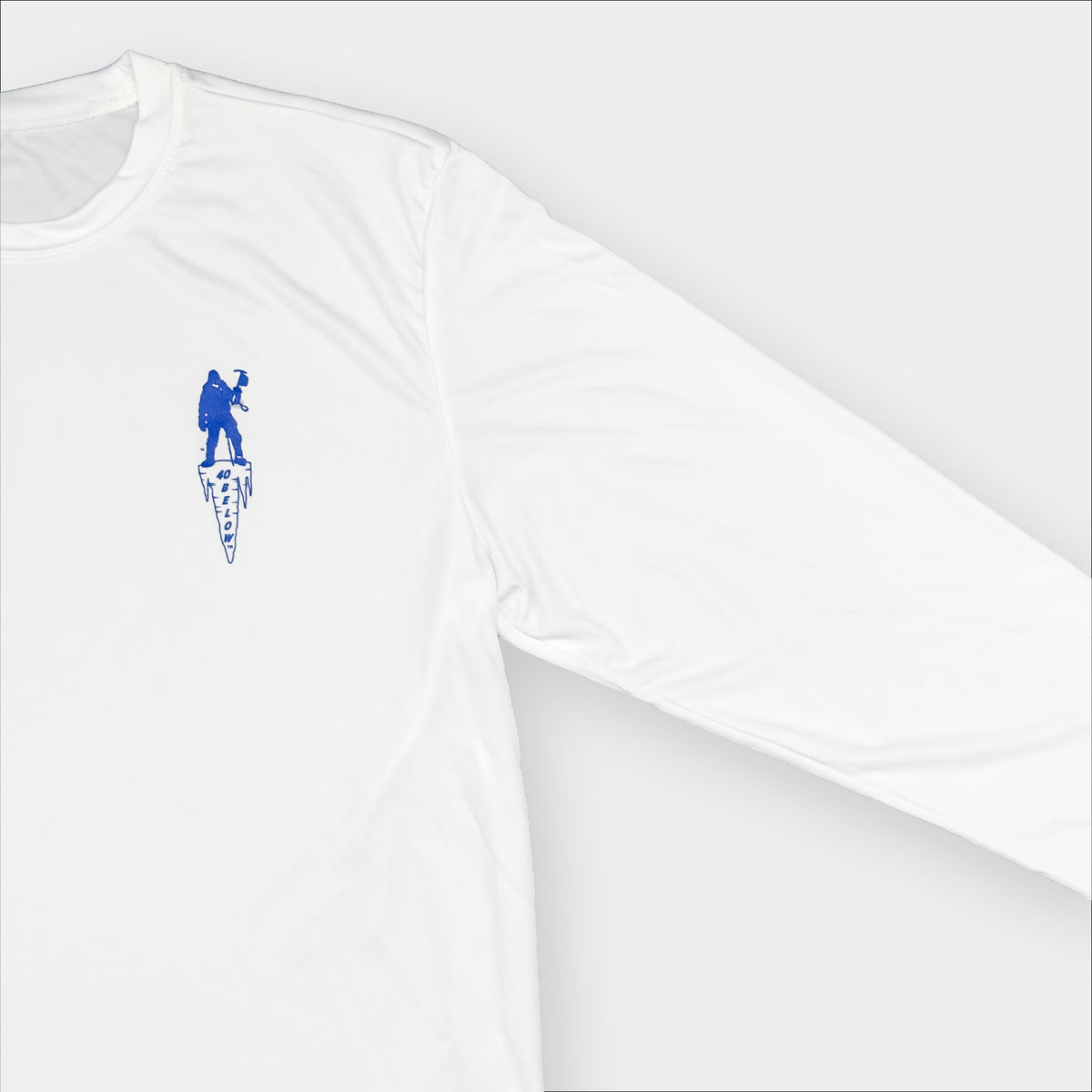 Forty Below athletic T-Shirt long sleeve white with blue logo gray background