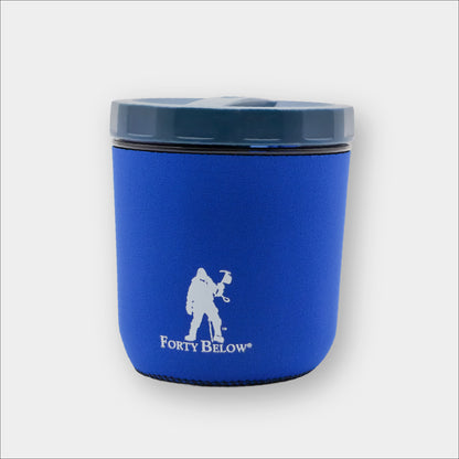 Insulated Forty Below mug boot blue with white logo on a the GSI Fairshare Mug on a gray background
