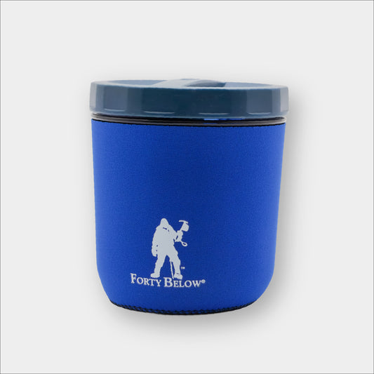 Insulated Forty Below mug boot blue with white logo on a the GSI Fairshare Mug on a gray background
