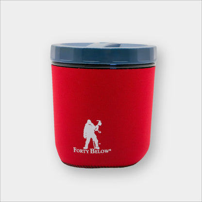 Insulated Forty Below mug boot red with white logo on a the GSI Fairshare Mug on a gray background
