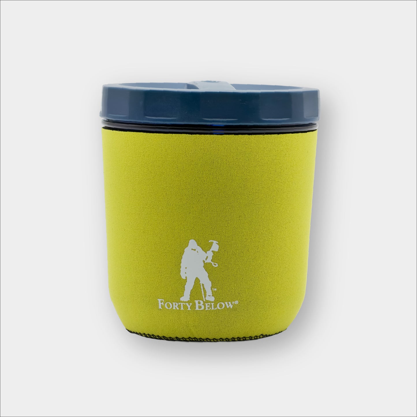 Insulated Forty Below mug boot yellow with white logo on a the GSI Fairshare Mug on a gray background
