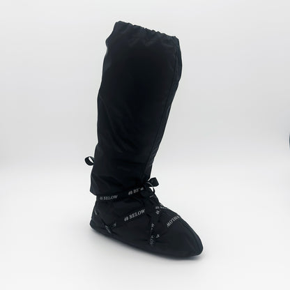 Forty Below Camp Bootie Overbootie cover 45 degree view showing front and side profile black with white background