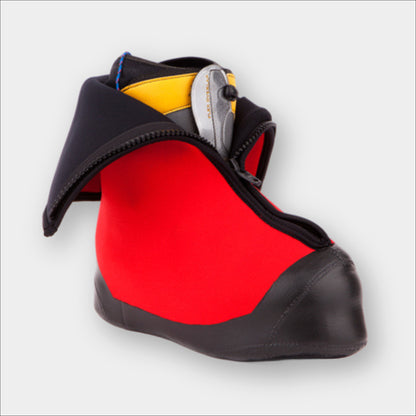 Insulated Forty Below Purple Haze Overboot front view red unzipped with climbing boot inside