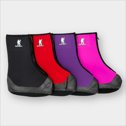 Insulated Forty Below Purple Haze Overboot side view Black Red Purple Pink next to each other with white logos and black sole on a gray background
