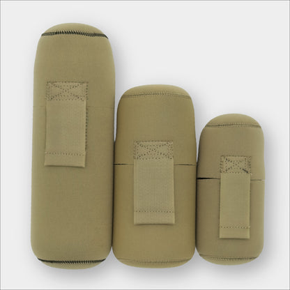Forty Below Insulated Bottle Boot 48 oz, 1.0 Liter and 0.5 Liter tan color all next to each other front facing with no logo on a gray background

