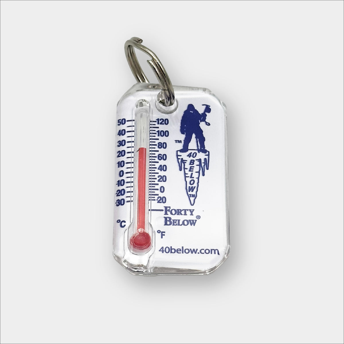 Forty Below Thermometer white with blue text and red thermometer gauge on a grey background