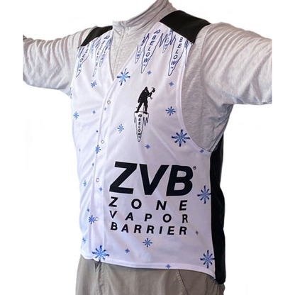 Front side of Forty Below ZVB Vest White athletic vest with 'ZVB Zone Vapor Barrier' text and black silhouette