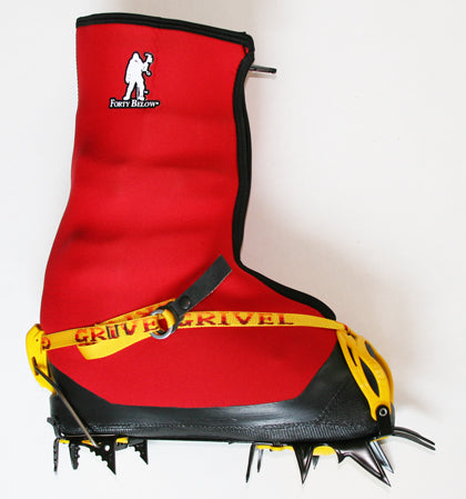 Forty Below Fresh Tracks Overboot red side view attached to crampon strap toe flip lever heel style