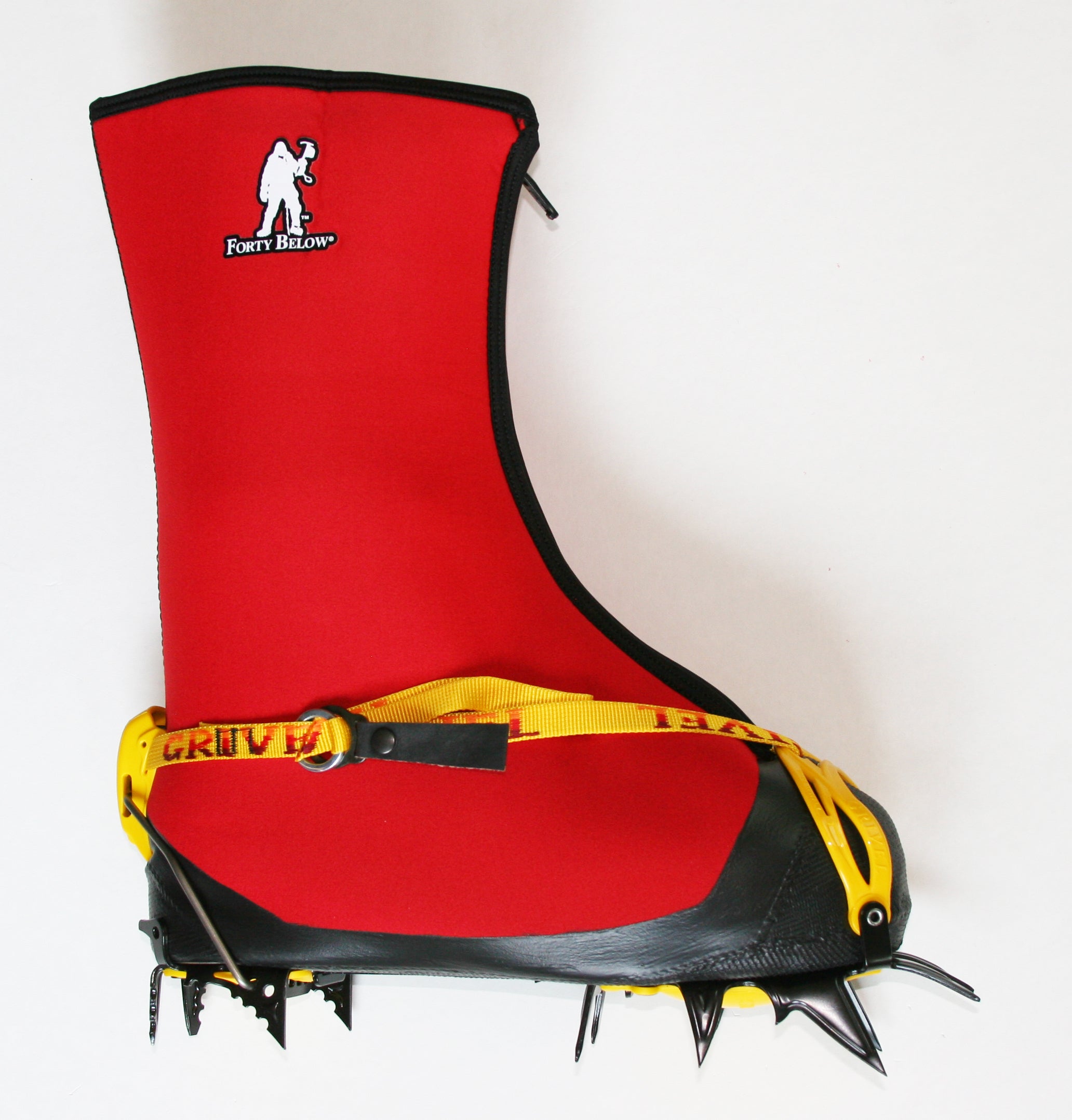 Forty Below Fresh Tracks Overboot red side view attached to crampon strap toe flip lever heel with double boot inside