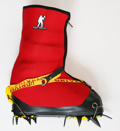 Forty Below Fresh Tracks Overboot red side view attached to crampon wire toe flip lever heel style