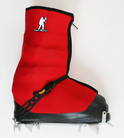 Forty Below Fresh Tracks Overboot red side view attached to crampon grivel race ski rapid crampon style